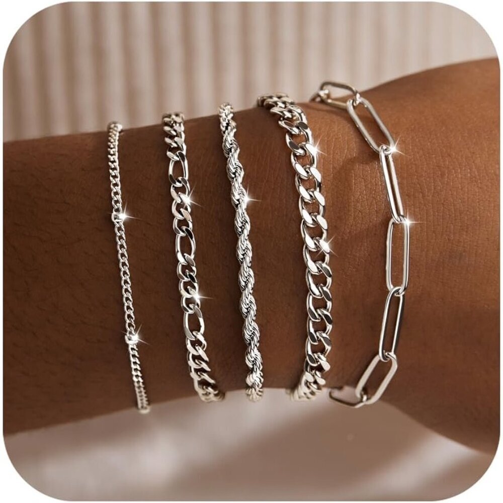 Silver-03 Dainty Stack Cuban Beaded Paperclip Bracelets Jewelry Gifts for Women